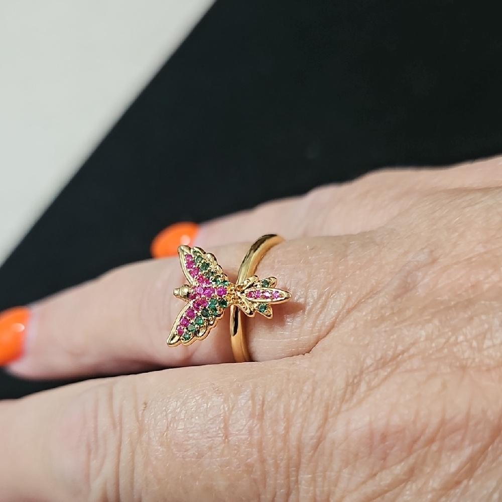 nOir Jewelry Gold Butterfly Ring with Pink and Green Gems